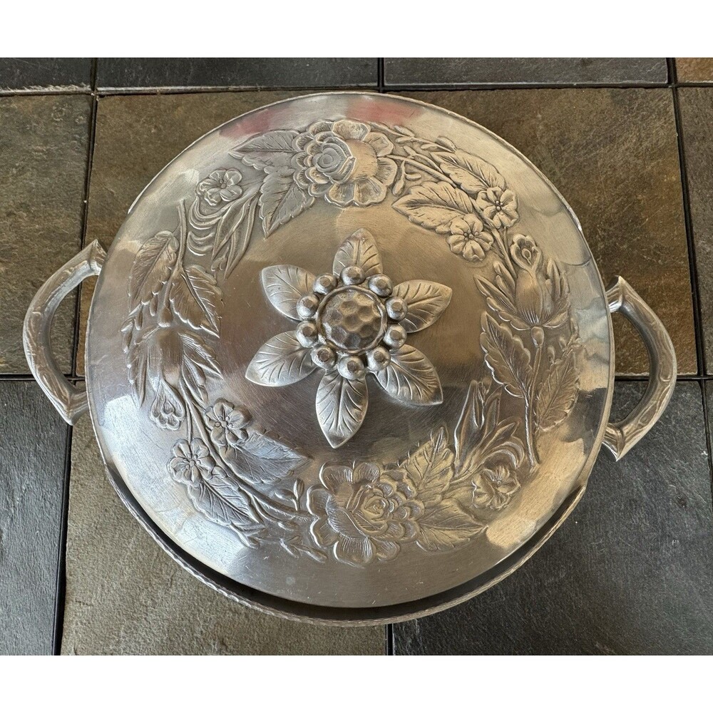 Everlast Hand Forged Aluminum Covered Serving Dish Roses Casserole Handmade